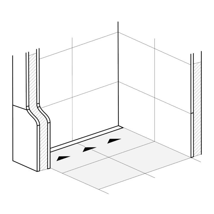 Diagram showing the floor fall in the tiles towards a linear drain in a shower area