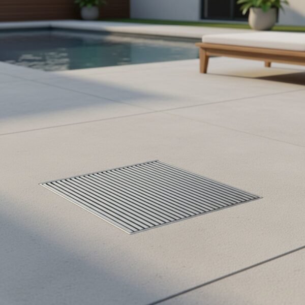 Stainless steel square wedgewire floor waste set into paving beside a pool