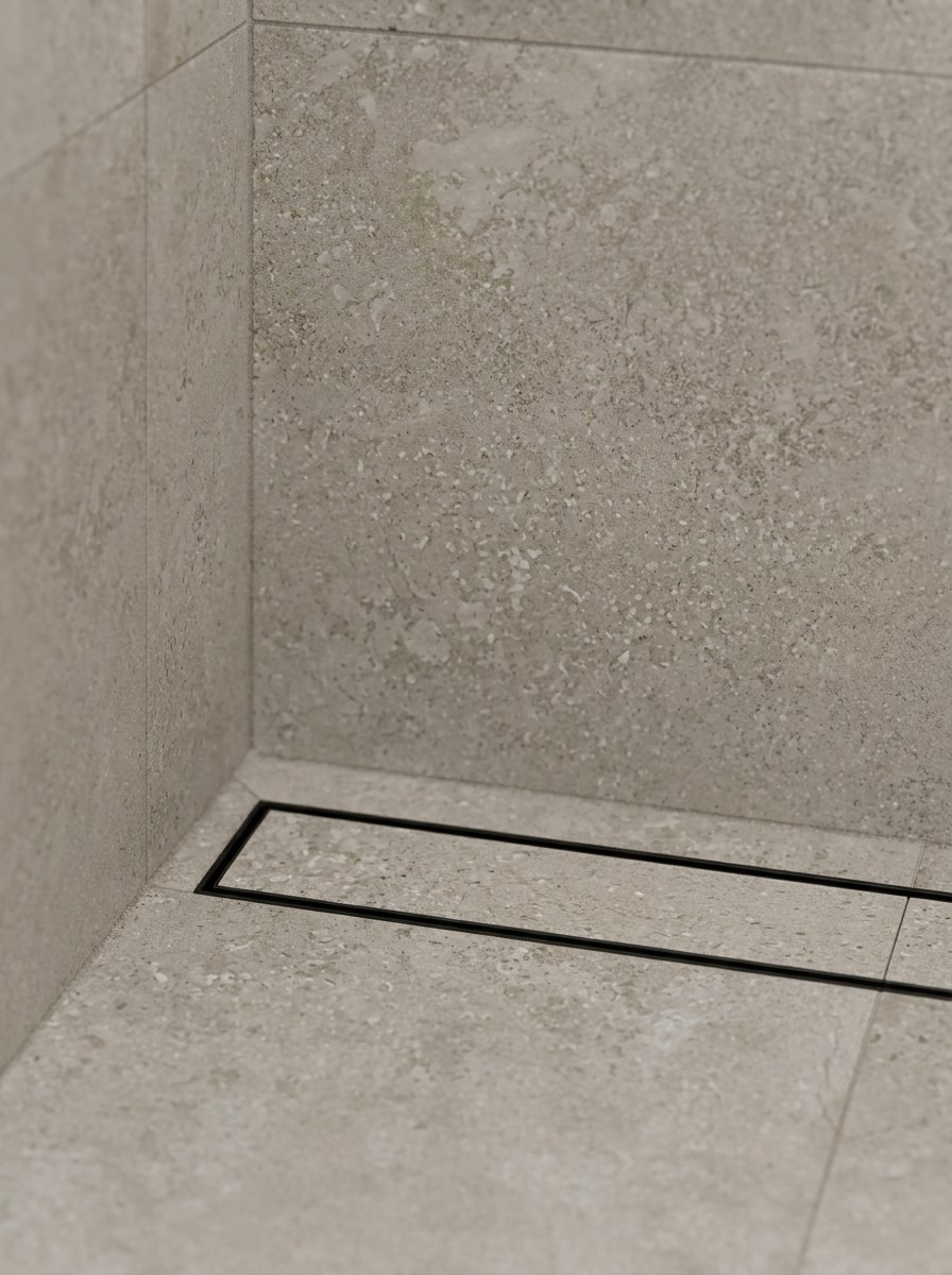 Matte black linear tile insert drain installed along a stone-tiled shower wall