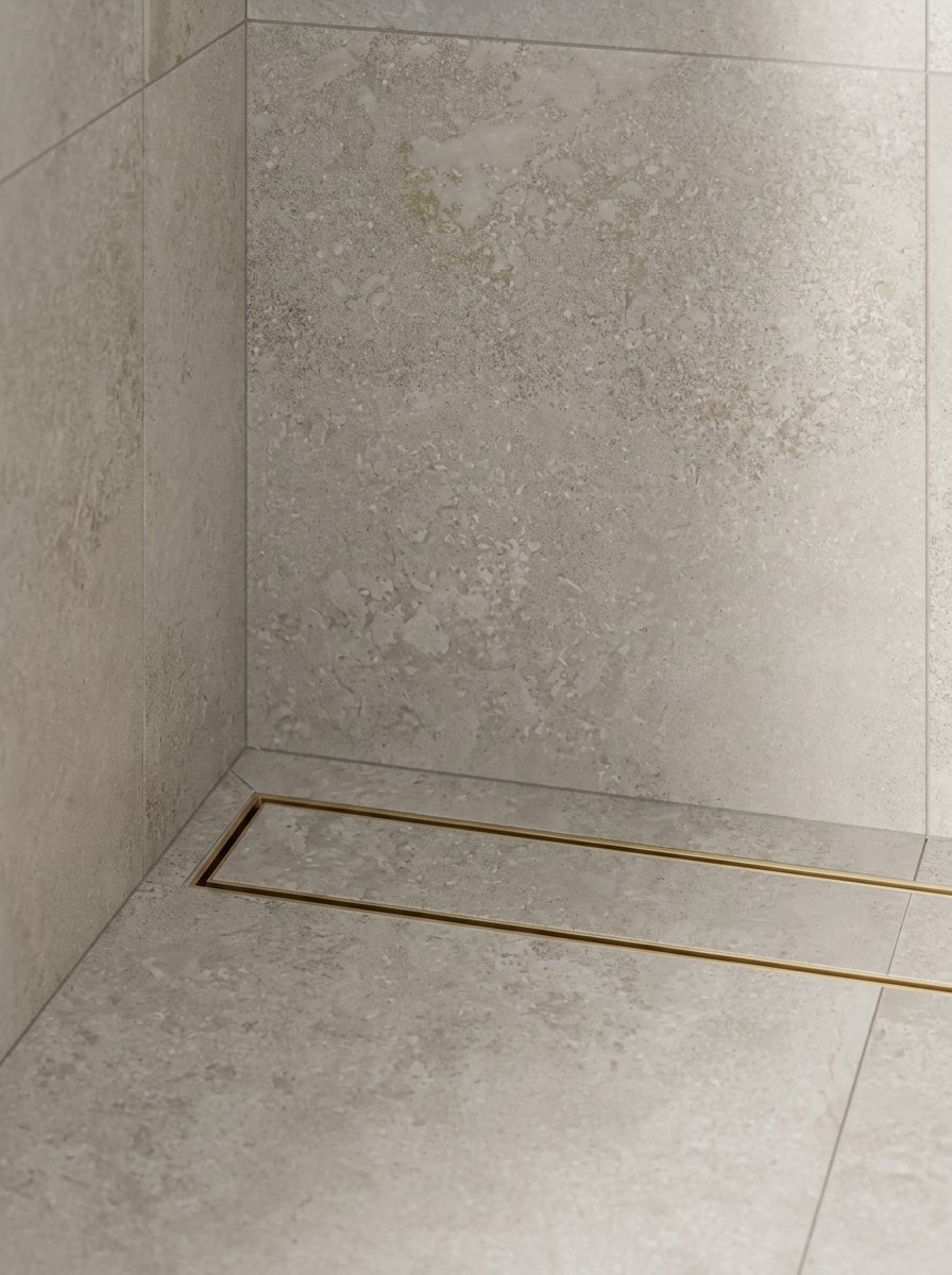 Brushed brass linear tile insert drain installed along a stone-tiled shower wall