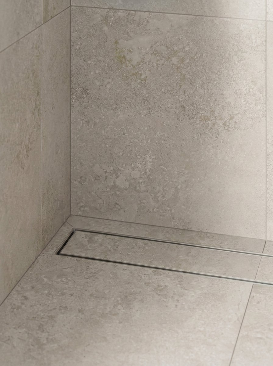 Brushed stainless steel linear tile insert drain installed along a stone-tiled shower wall