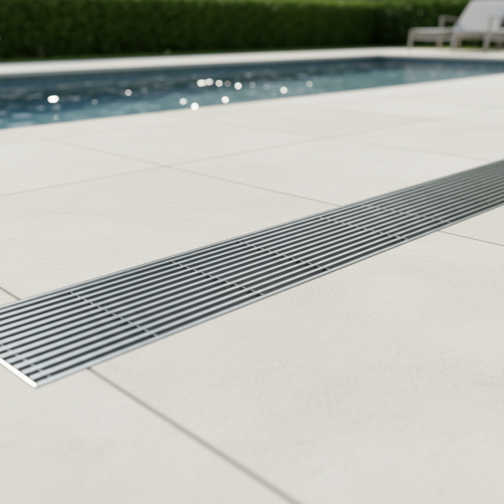 Stainless steel wedgewire linear drain along a pool surround
