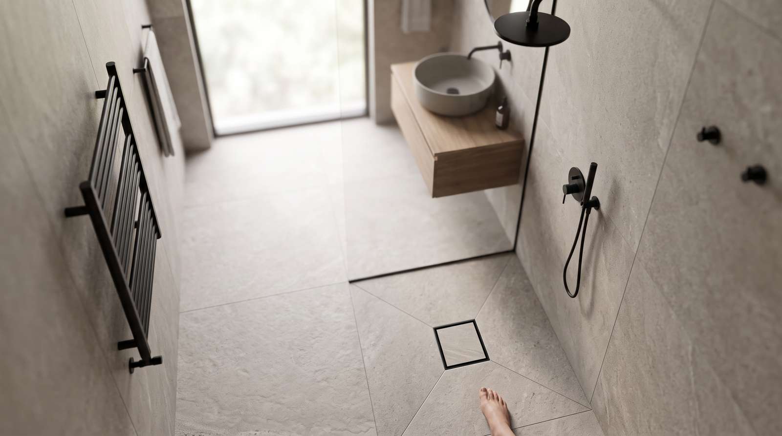 Black Square Max tile insert grate in a modern stone-tiled bathroom